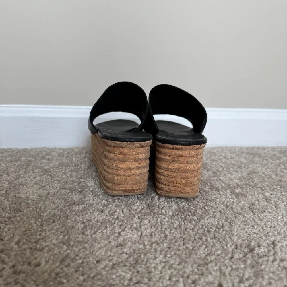 Jeffrey Campbell Black Leather Cork Platform Wedge Slide Sandals Mules Size 39